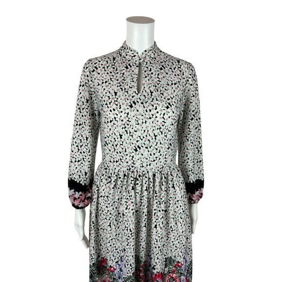 Vintage 70s Floral Dress Women's Small Border Print Pink Keyhole Neckline Sheath - Picture 12 of 12